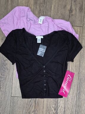 Bozzolo Lace-Trim Button Crop Top - Black & Pink